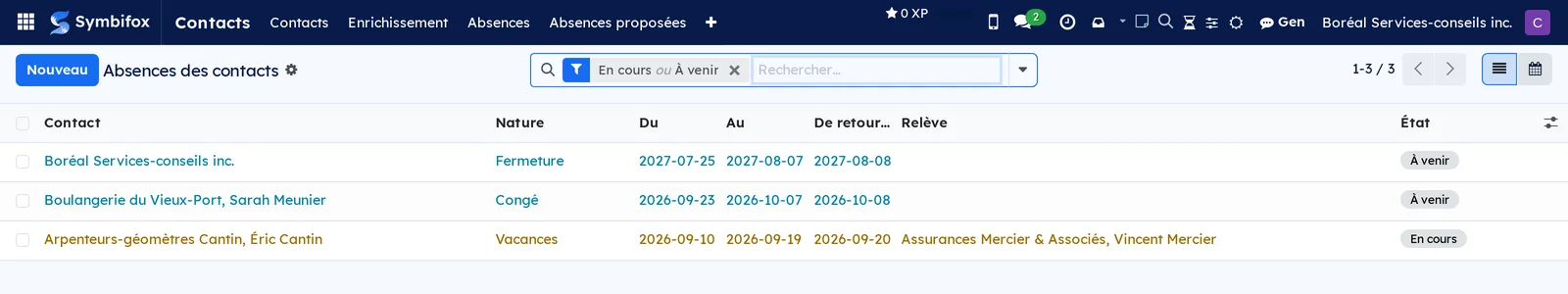 Current and upcoming absences: vacation, leave, a company shutdown, with the return date and the stand-in
