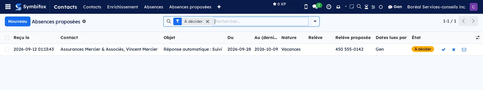 An auto-reply turned into a proposed absence: dates and stand-in, to accept or reject