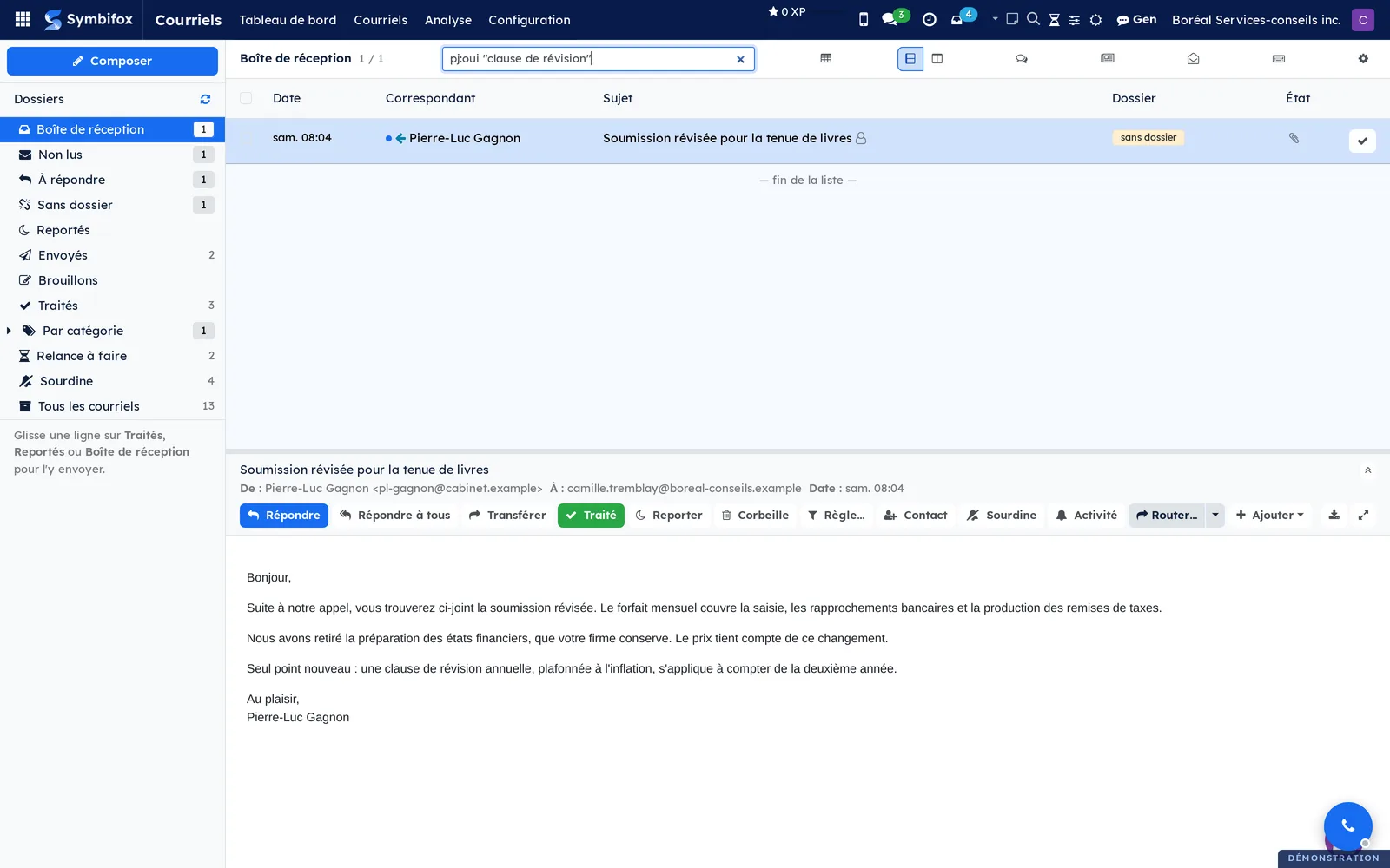 Search reads message bodies: with an attachment and an exact phrase, only the right quote is left