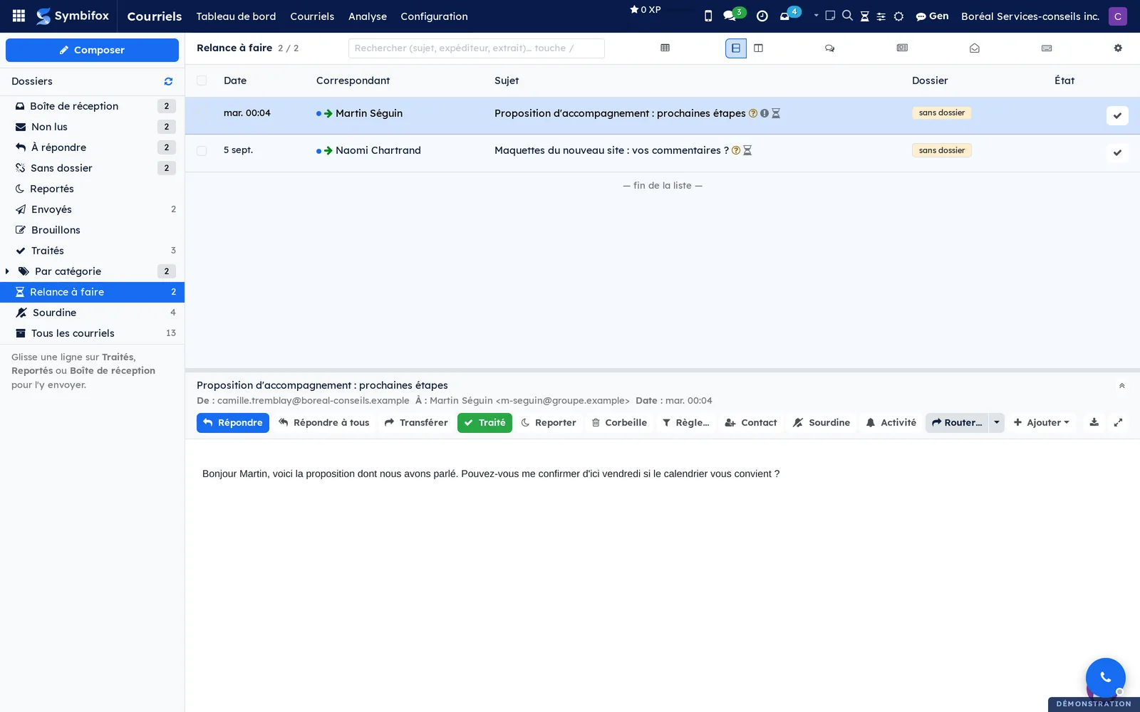 The follow-up folder: sent emails still waiting for an answer, each marked with an hourglass