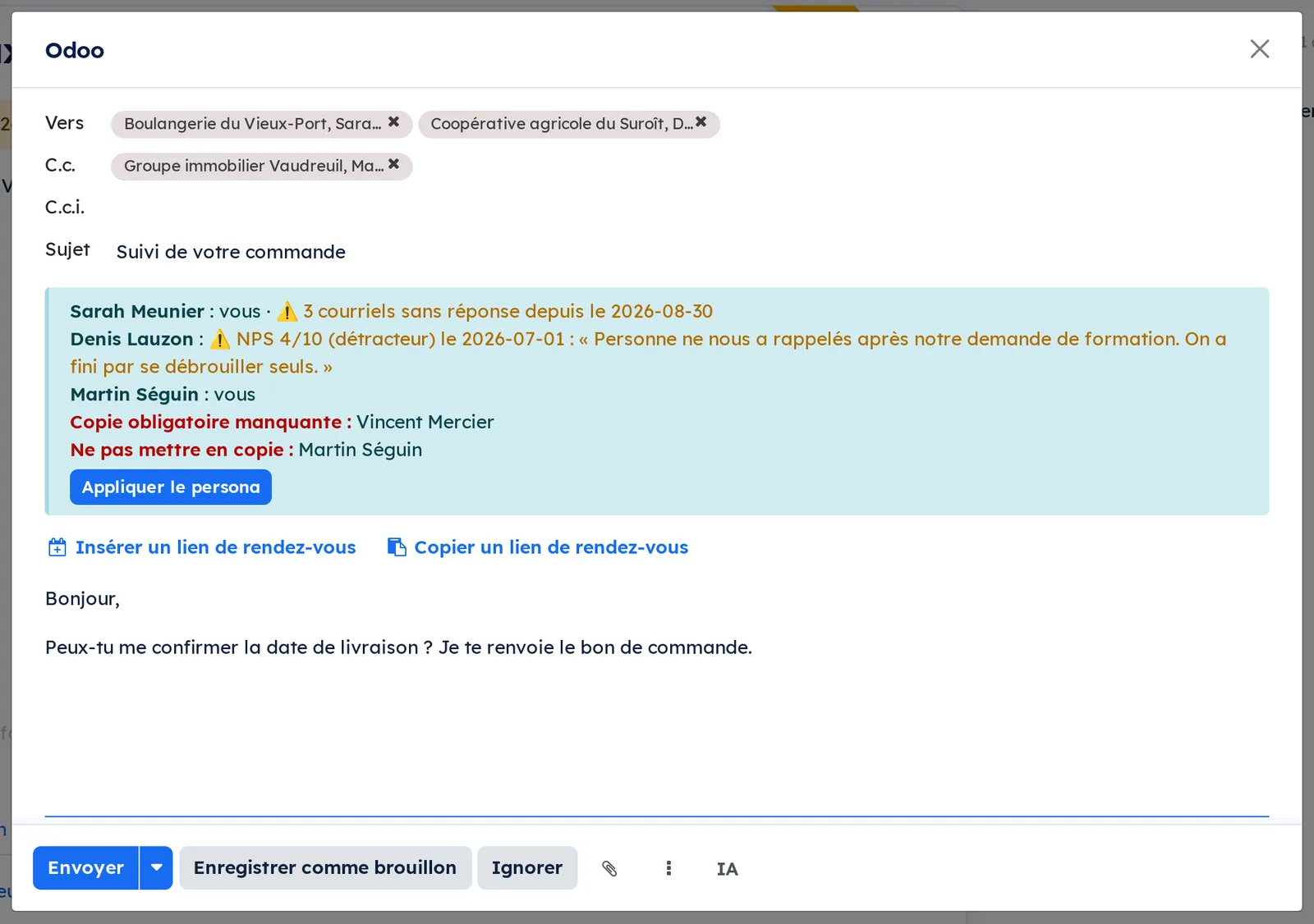 As you write, the banner reads each recipient: register, unanswered emails, the missing copy