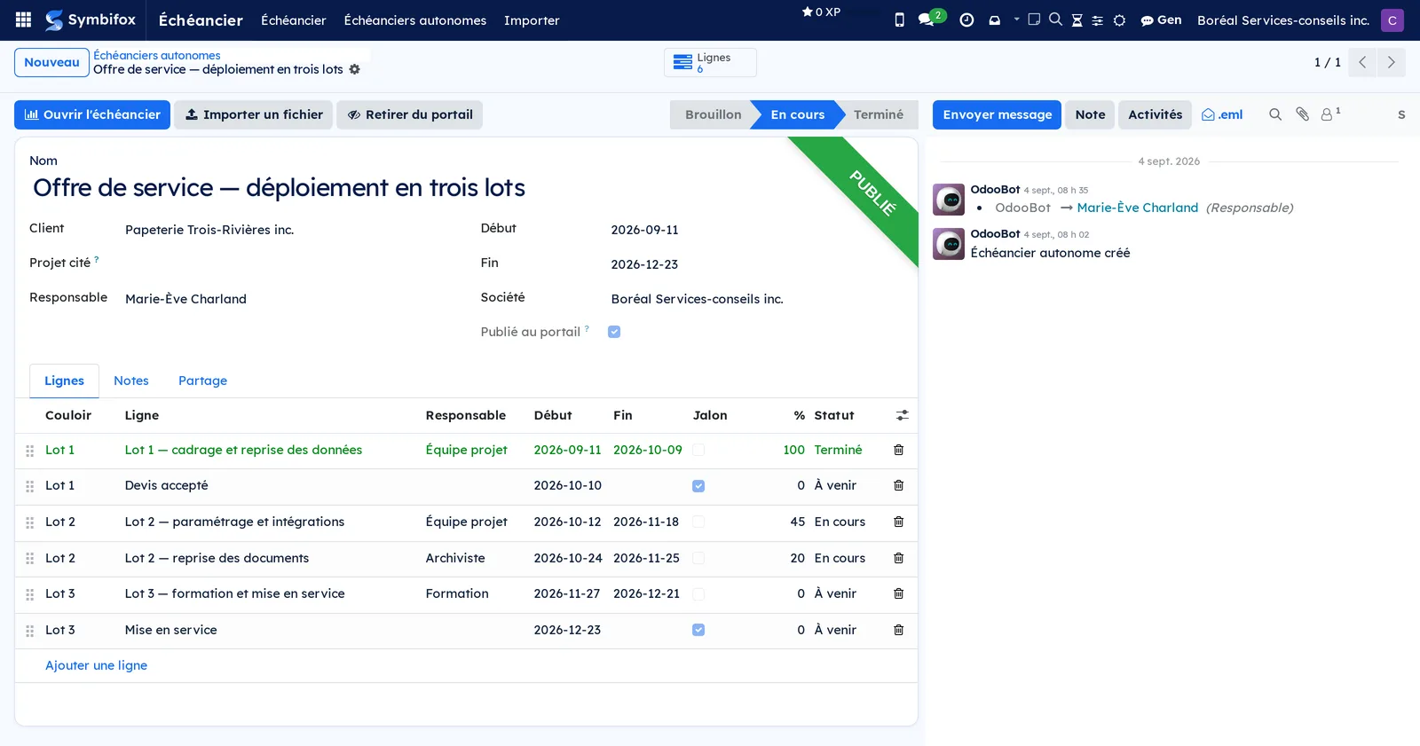 A standalone schedule published to the portal: work packages, milestones, dates and progress line by line