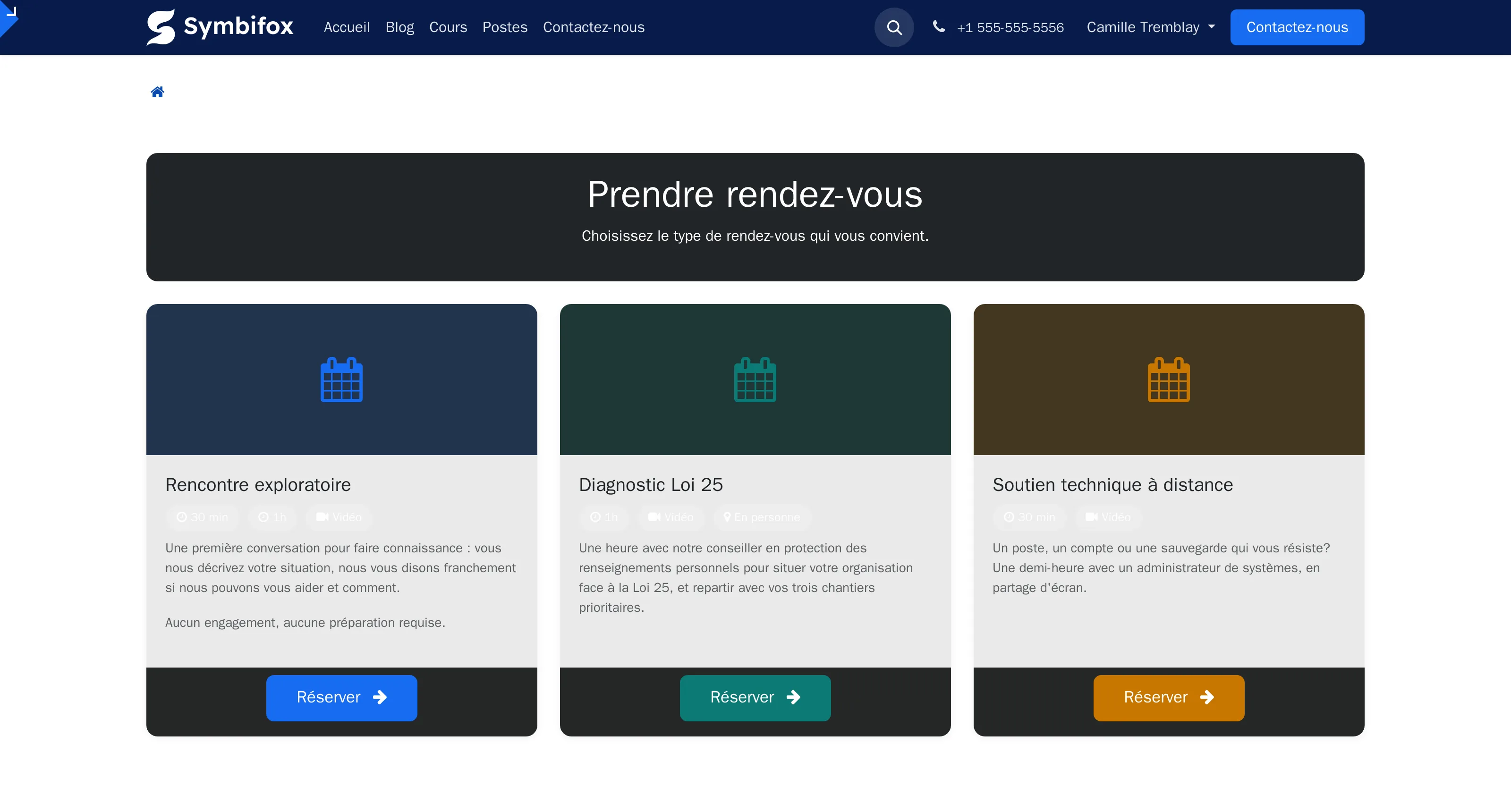 The public booking page, one meeting type per card
