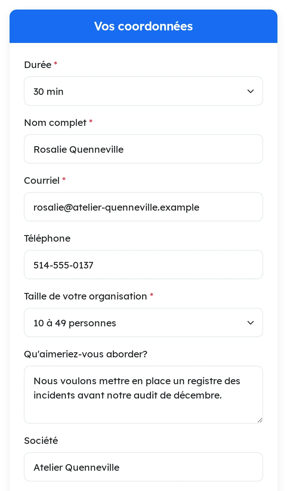 L'étape qui suit le choix du rendez-vous : le formulaire d'accueil pose les questions du type de rencontre avant même le choix du créneau