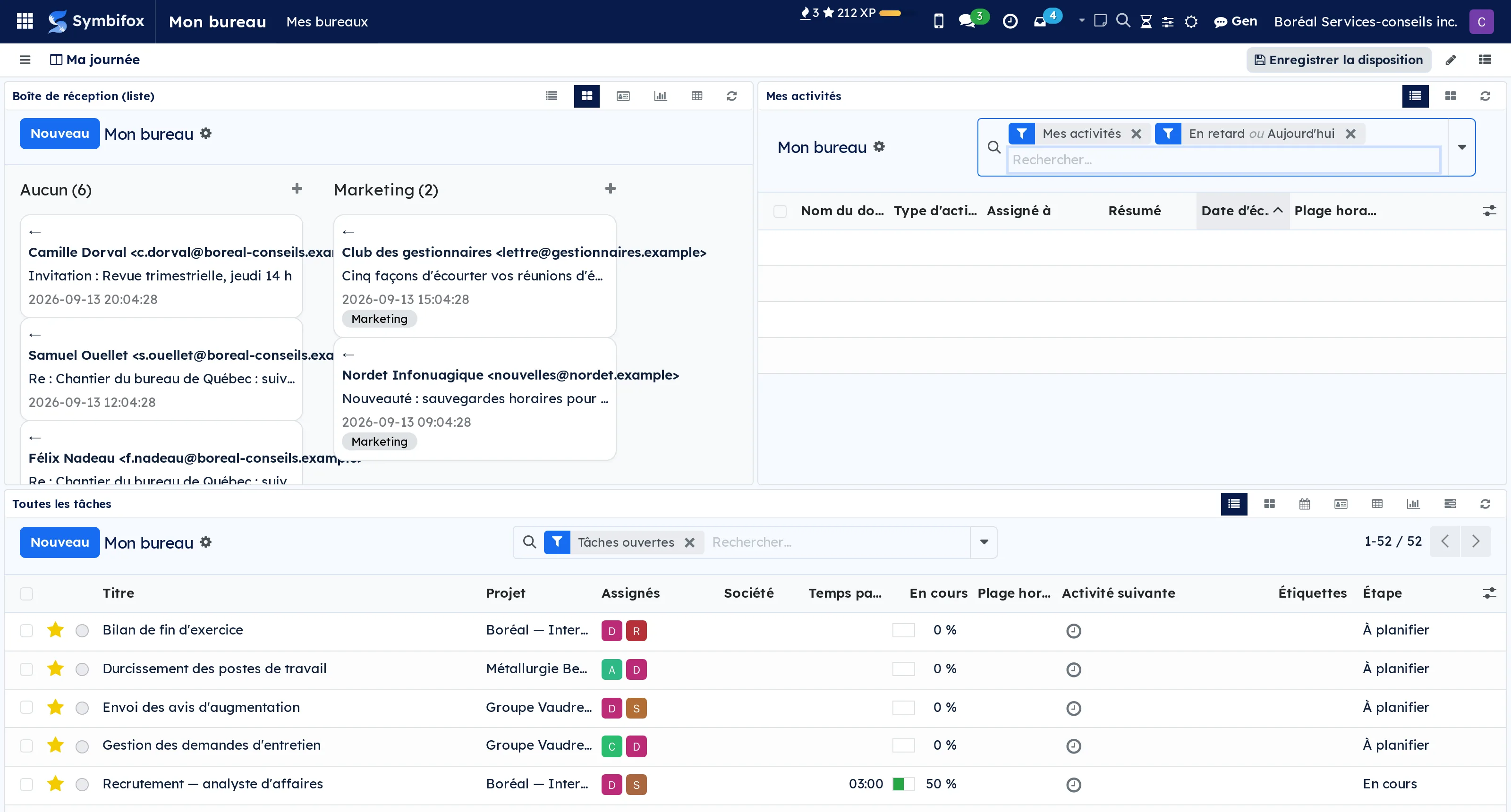 A desk in use: the inbox, the activities and the tasks side by side