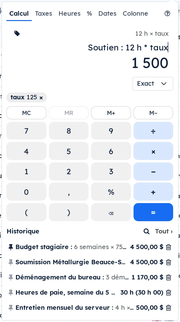 La calculatrice de la barre du haut : les mots gardés dans le calcul, une variable, et l'historique personnel