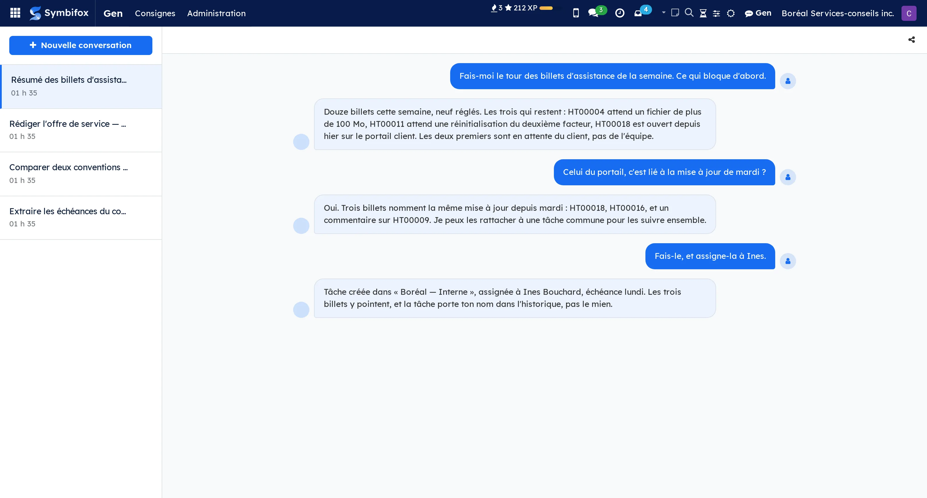A conversation with Gen: it reads the tickets, proposes, then creates the task under your name
