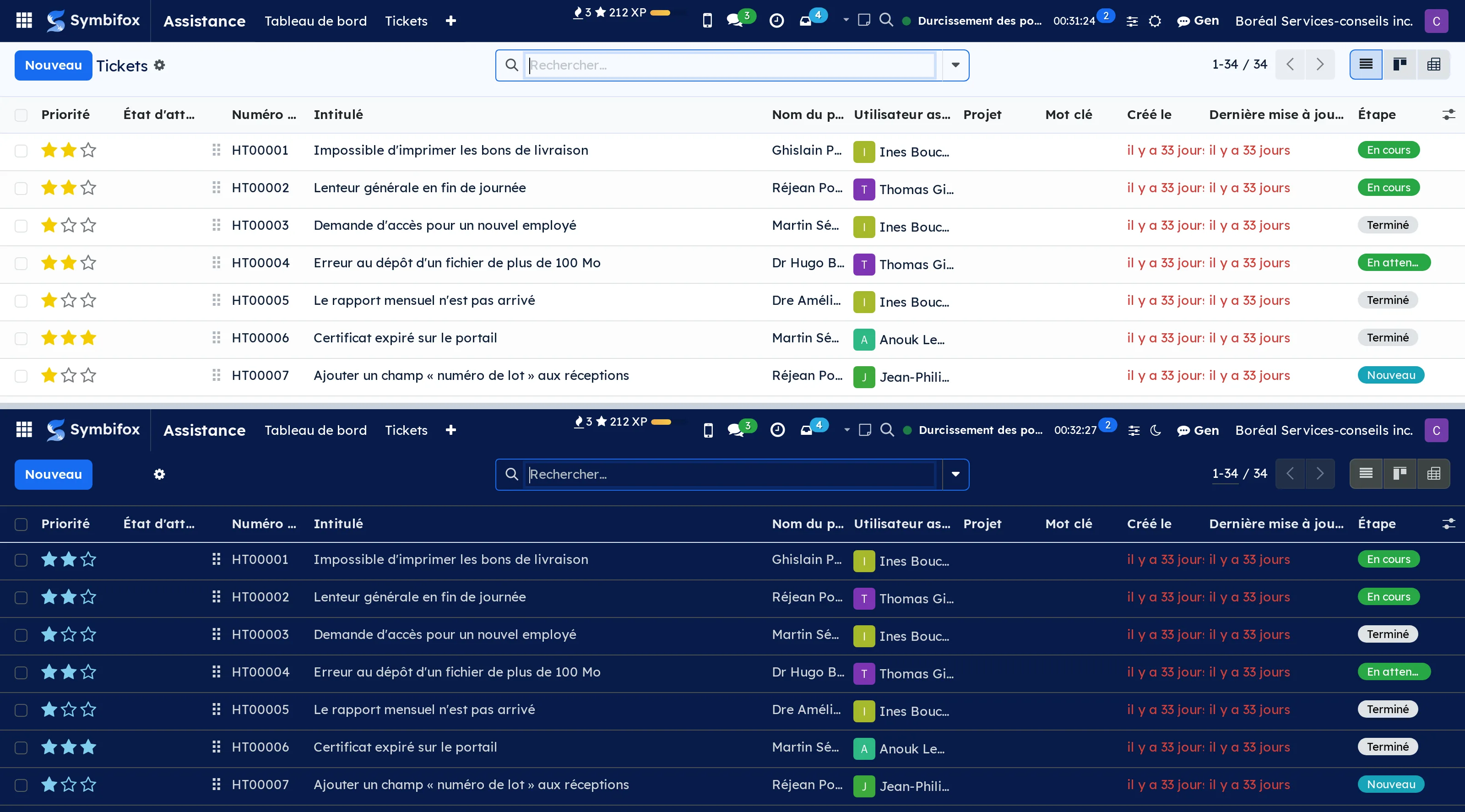 The same screen, the same data, light then dark: badges and deadlines stay readable