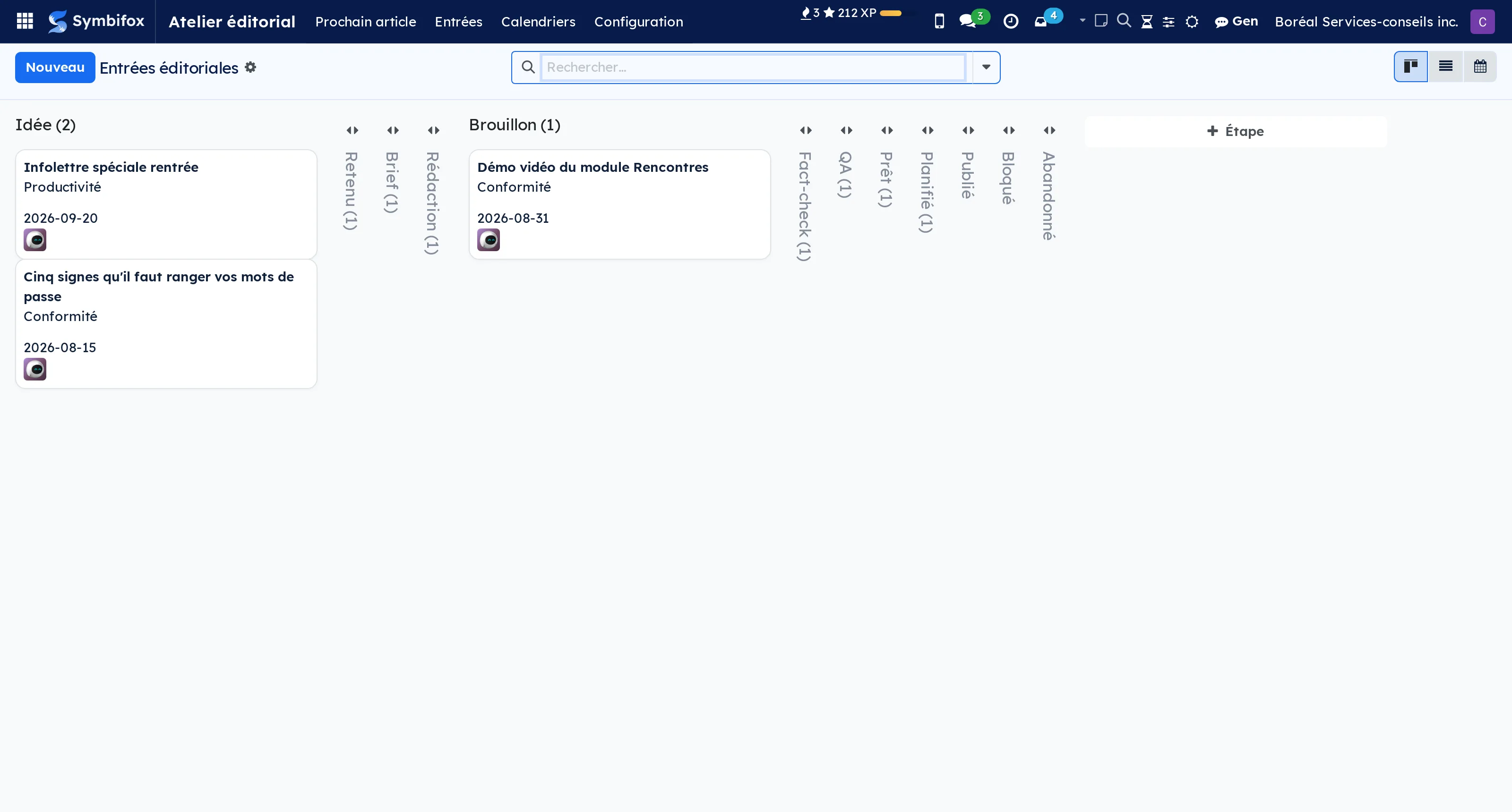 The editorial board as a kanban, one column per stage, from idea to published