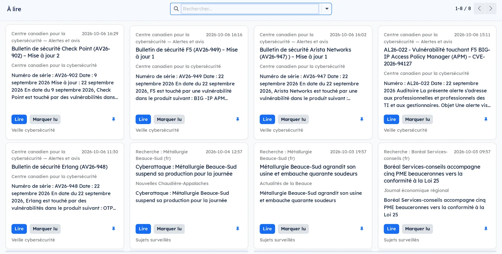 Le lecteur : une carte par nouvelle, avec la liste qui l'a retenue, à lire ou à marquer lue