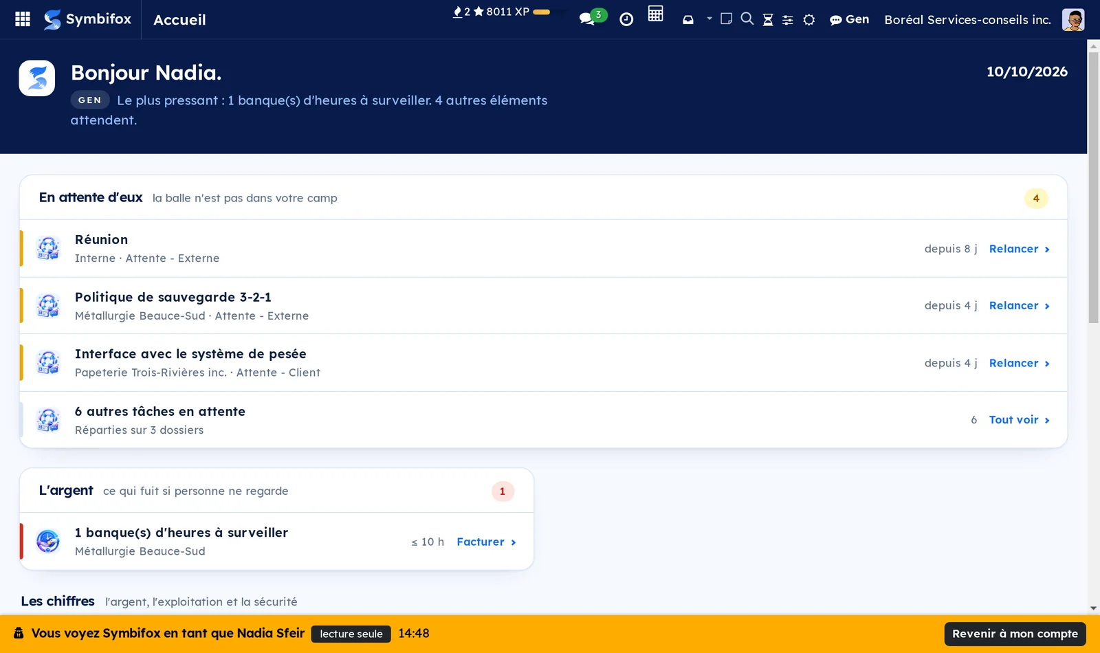 Symbifox tel que le voit une collègue, avec le bandeau : lecture seule, temps restant, retour à son compte