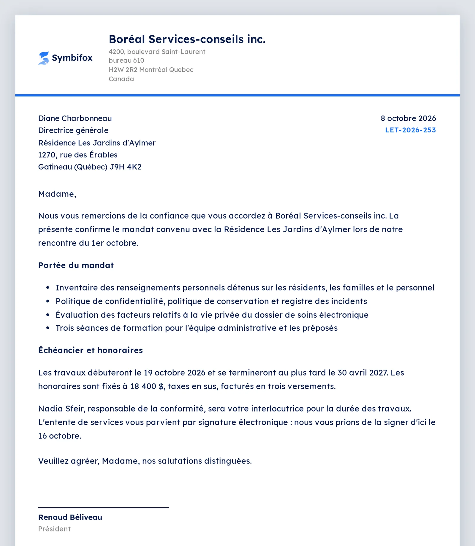 La lettre telle que la destinataire la reçoit : en-tête de la société, adresse tirée des contacts, référence, corps et signataire