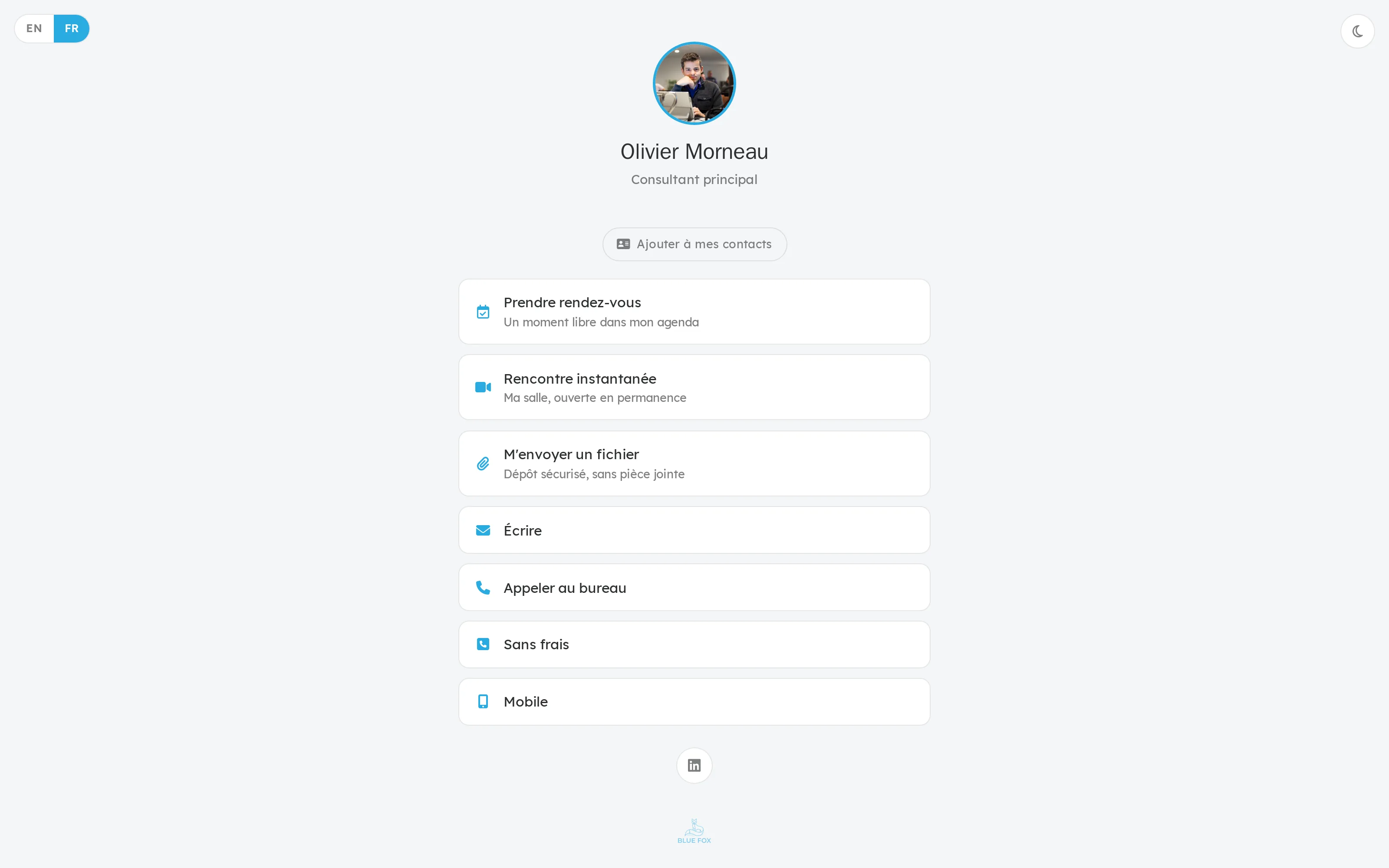 A public link page: booking, open room, file drop, in two languages