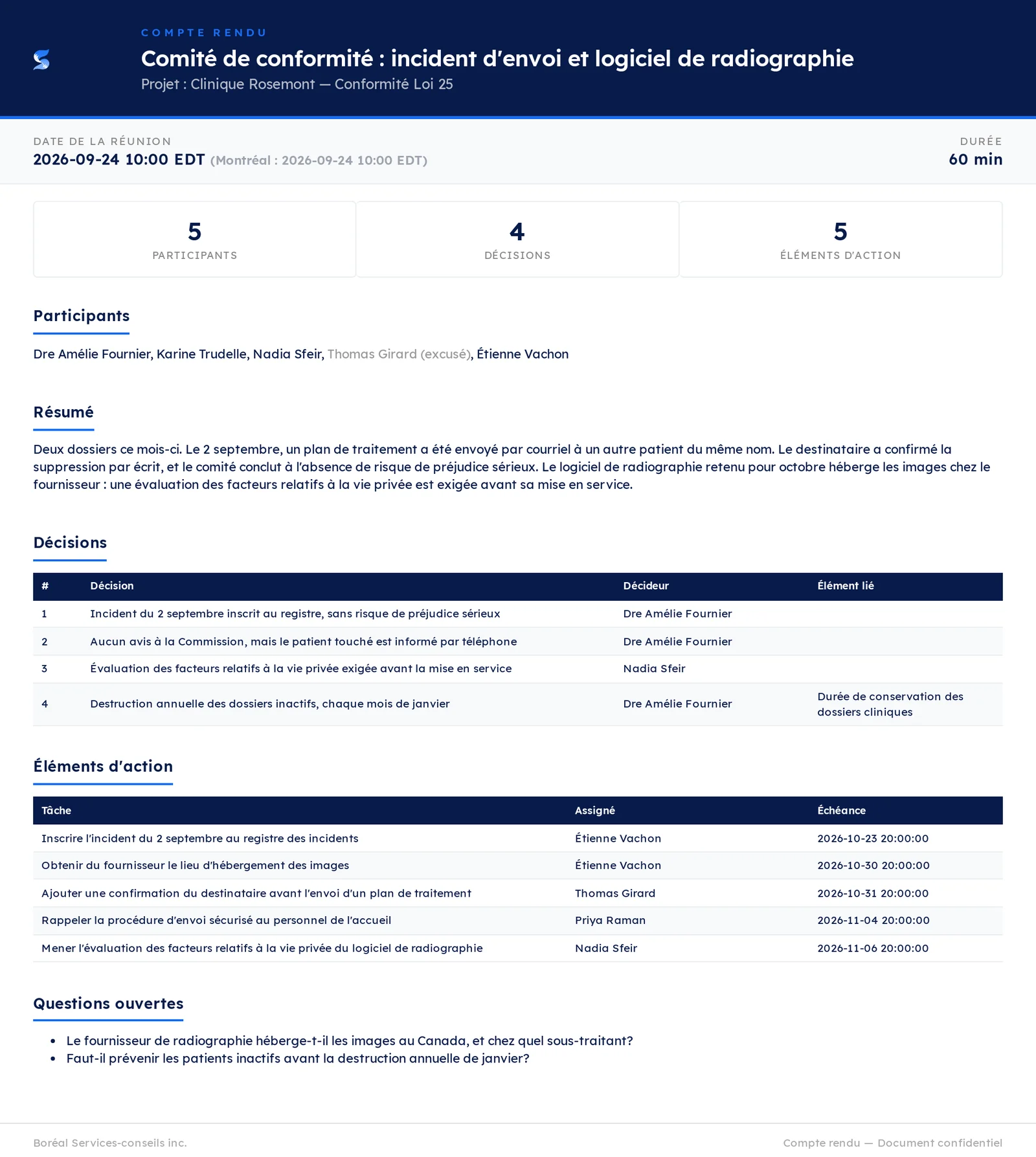 Le compte rendu tel que les participants le reçoivent : présences, résumé, décisions avec leur décideur, éléments d'action avec leur échéance