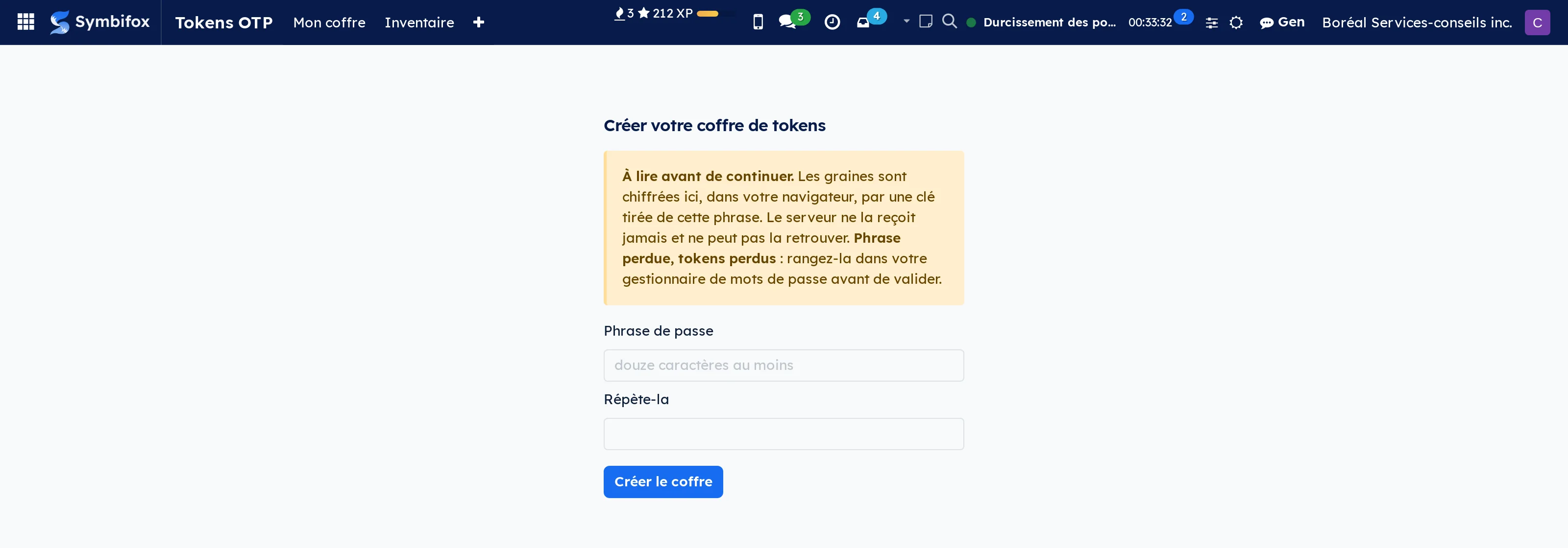 Creating the vault: the passphrase encrypts the seeds in the browser, and the server never receives it