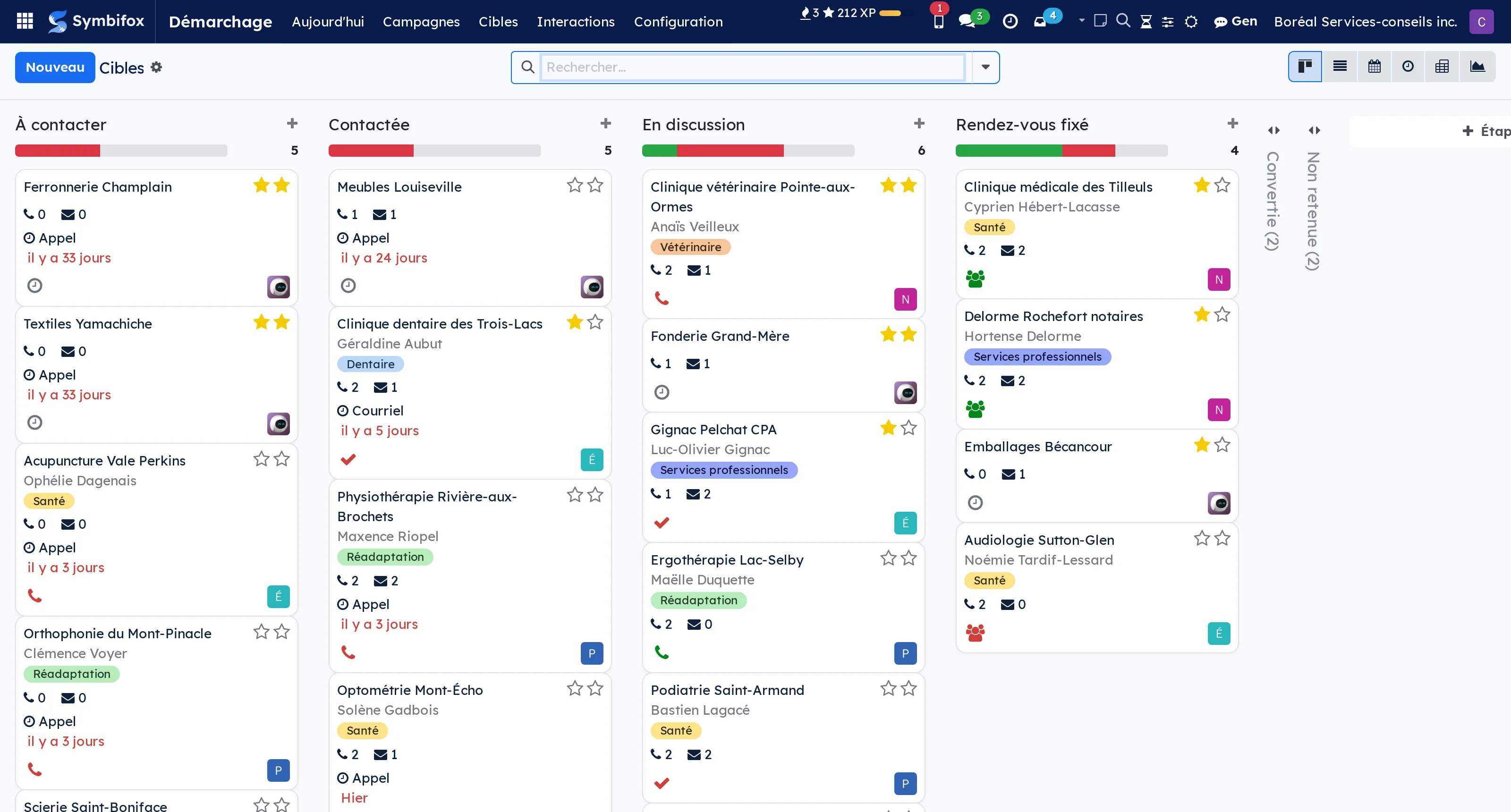 Outreach as a kanban: calls and emails per target, and the days since the last contact
