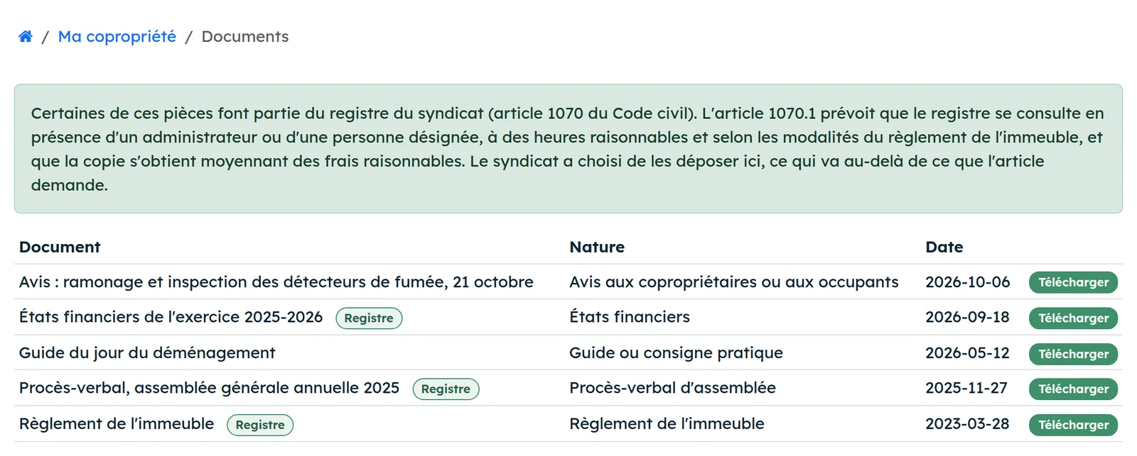 Les documents du syndicat, vus par un copropriétaire : les pièces du registre portent leur marque, et la page rappelle ce que prévoit l'article 1070.1