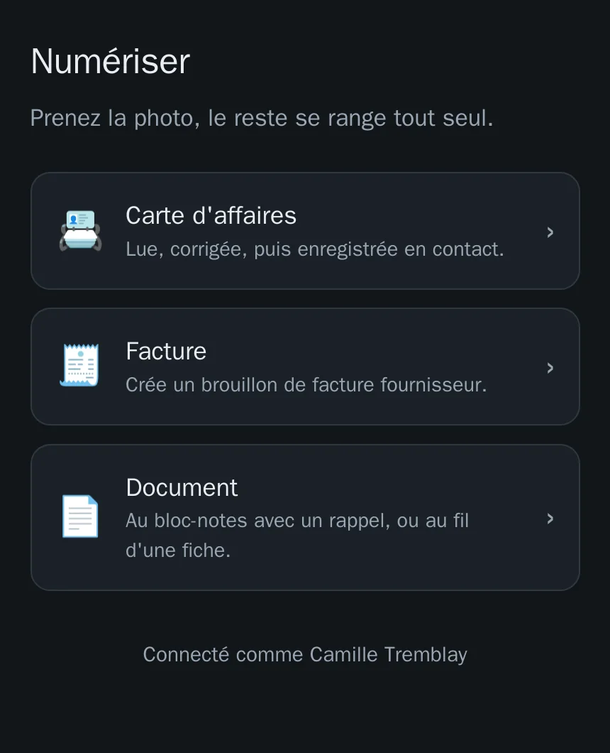 The scanning page, installed on the phone's home screen: card, bill, document