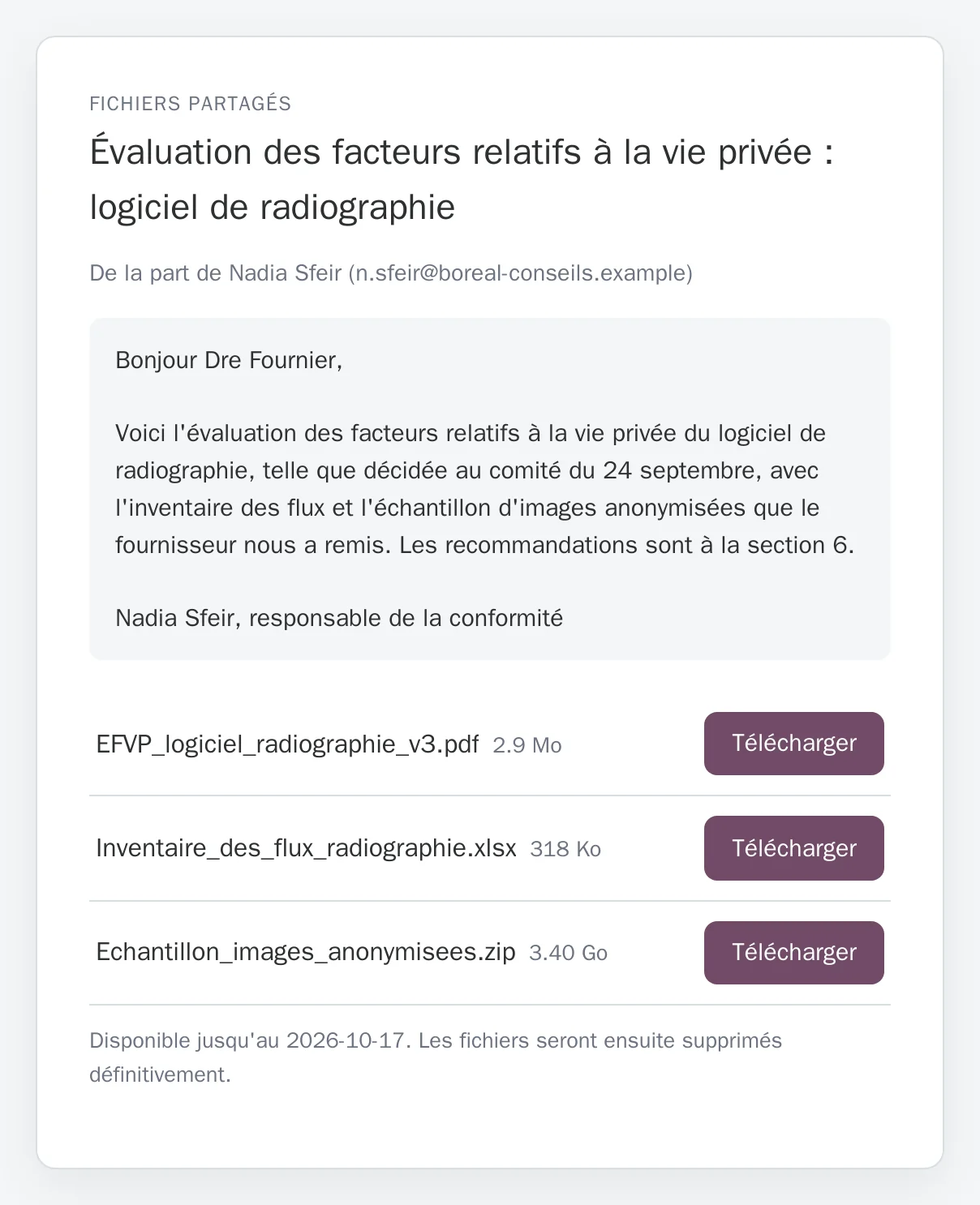 La page du destinataire : le message de l'expéditrice, trois fichiers dont un de 3,4 Go, et la date à laquelle ils seront supprimés