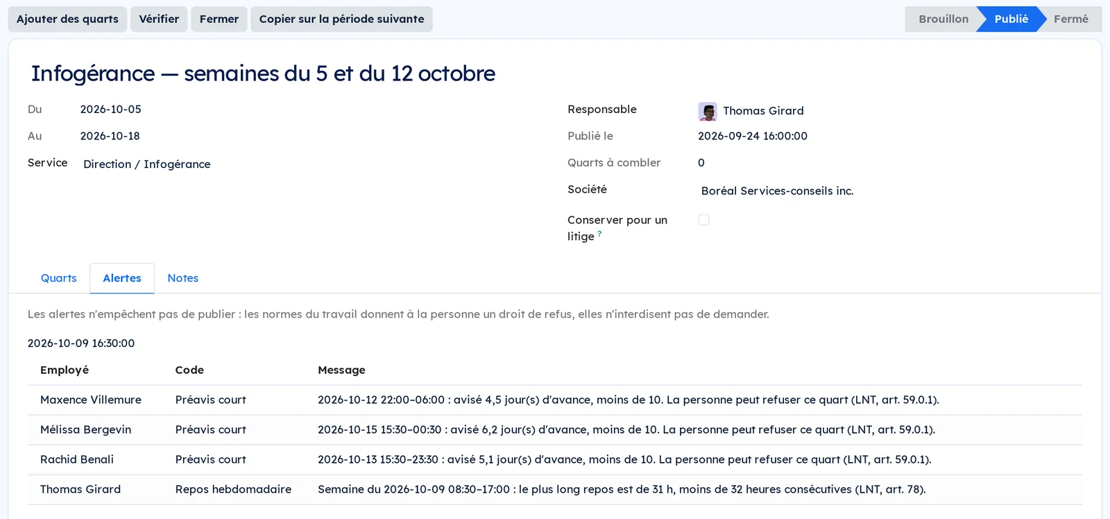 Un horaire vérifié contre les normes du travail : préavis courts et repos hebdomadaire signalés, article à l'appui