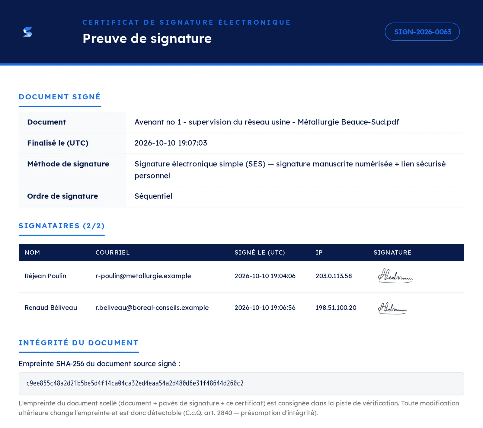 Le certificat joint au document signé : les signataires dans l'ordre, l'heure, l'adresse IP, la signature et l'empreinte SHA-256