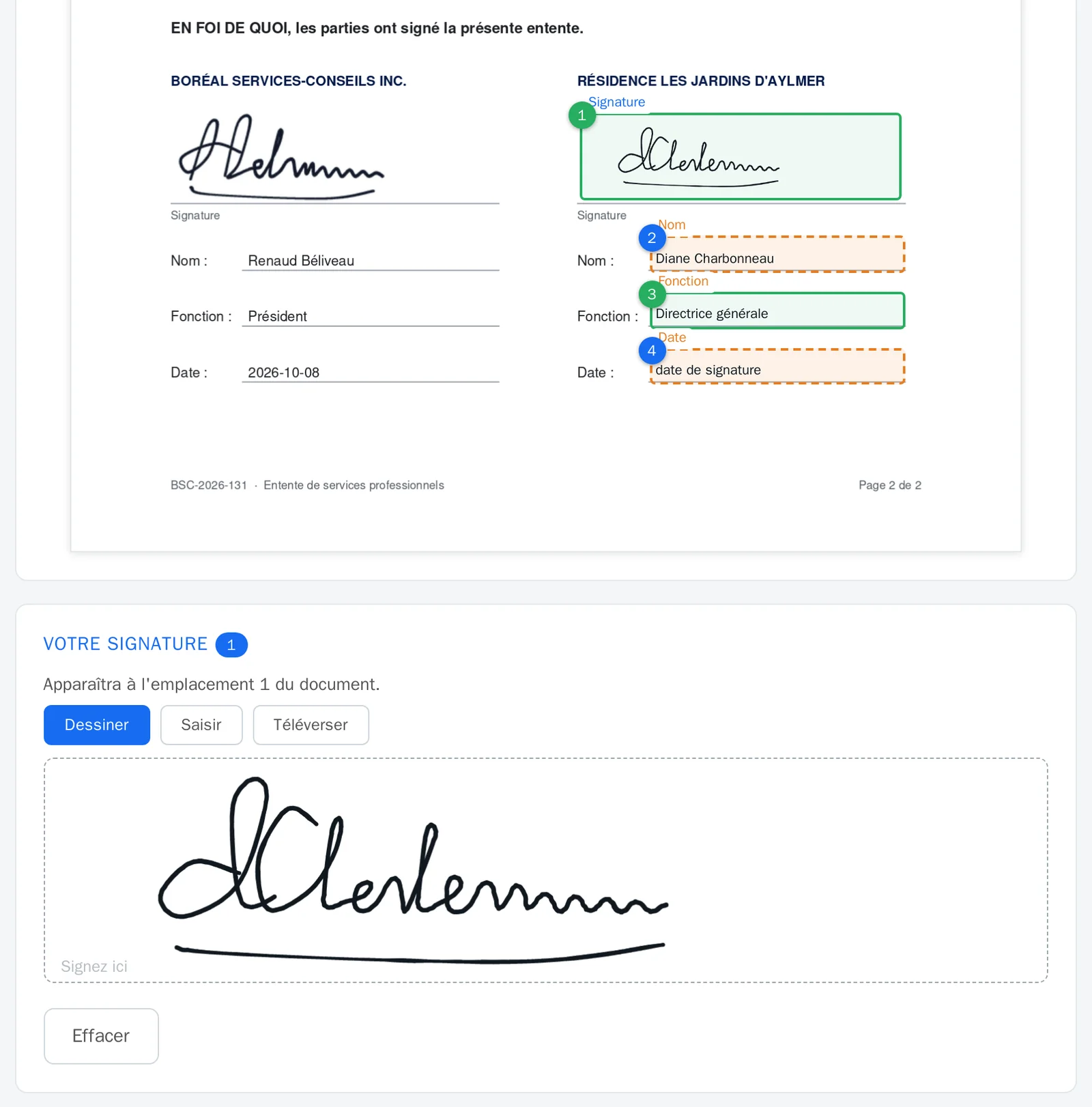 Ce que voit la signataire, sans compte à créer : l'entente, ses pavés numérotés et le pavé où elle dessine sa signature