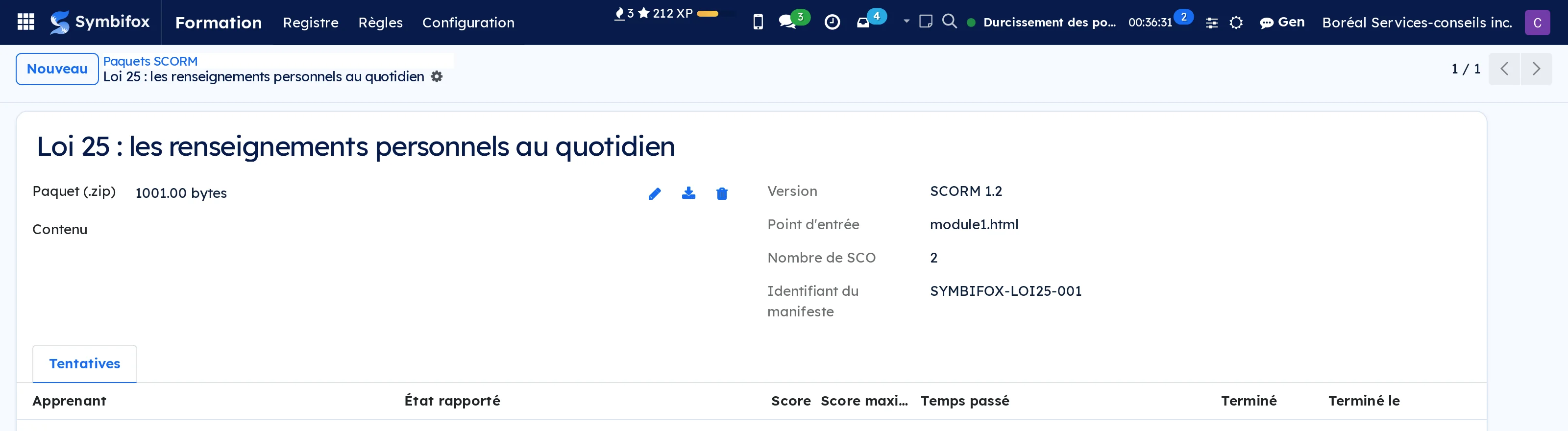 A SCORM 1.2 package with its two SCOs, and the attempts that reach the register