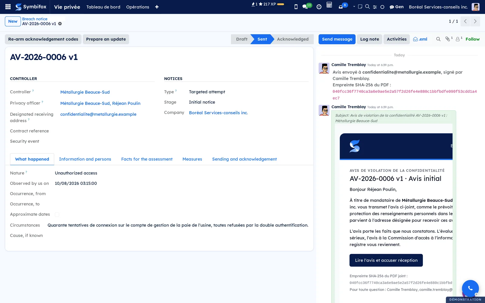 Notice AV-2026-0006 v1 sent to Métallurgie Beauce-Sud, with the Re-arm acknowledgement codes and Prepare an update buttons, and the email in the chatter