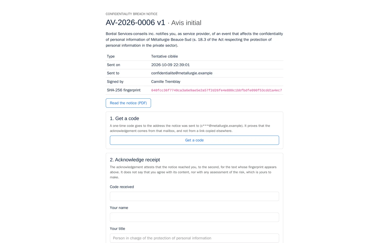 Public acknowledgement page for AV-2026-0006 v1: type, sending date, address, signer, fingerprint, then Get a code and the Acknowledge receipt form