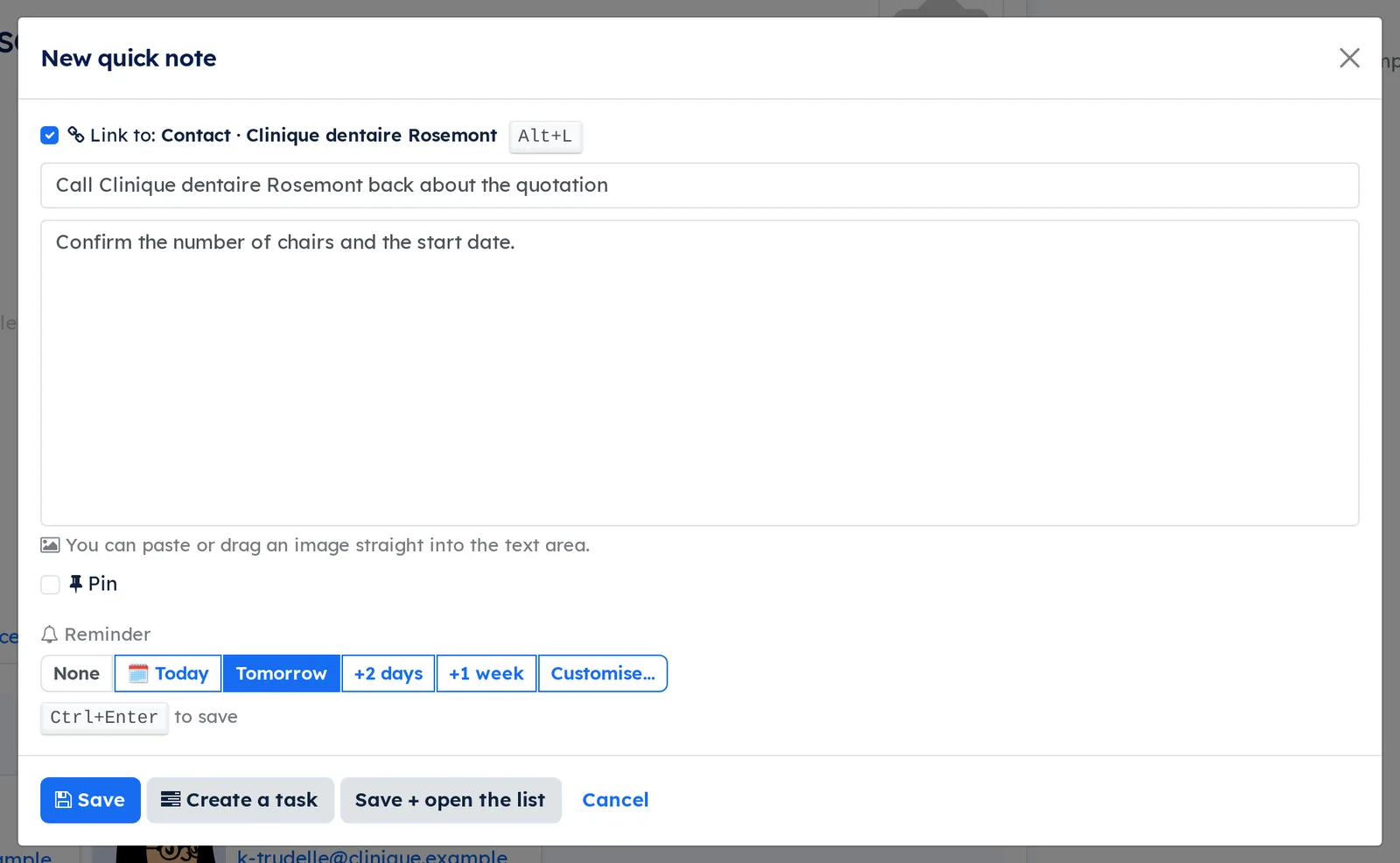 New quick note dialog on the Clinique dentaire Rosemont record: Link to checkbox ticked, Alt+L shortcut, title and content entered, Tomorrow reminder selected