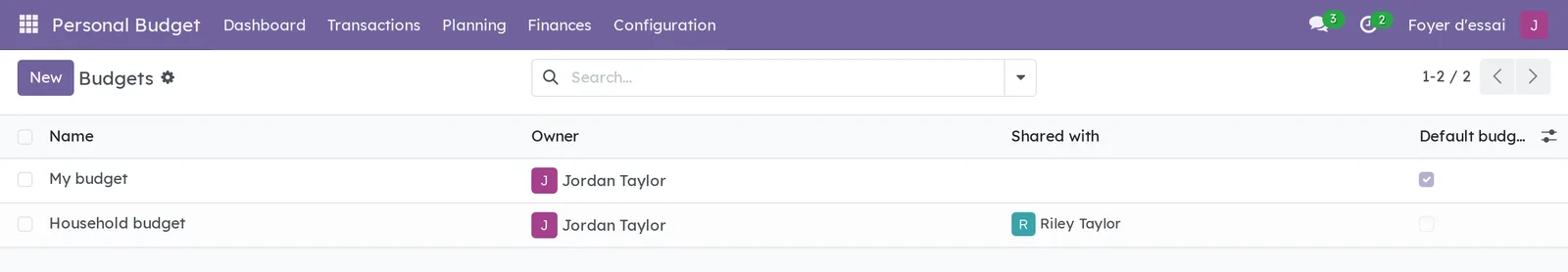 List of budgets: My budget and Household budget, both owned by Jordan Taylor, the second shared with Riley Taylor
