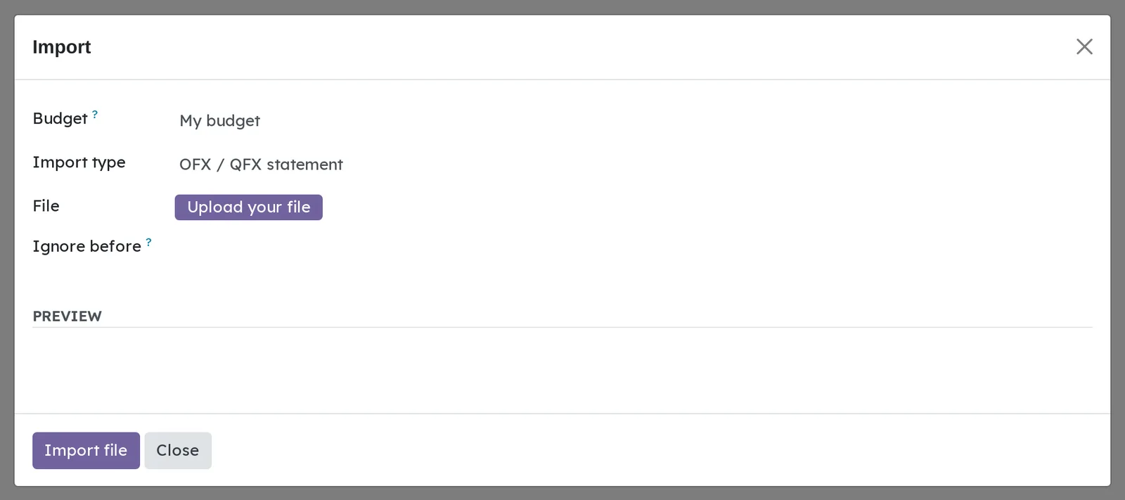Import window: budget My budget, type OFX / QFX statement, Upload your file button, Ignore before date and preview