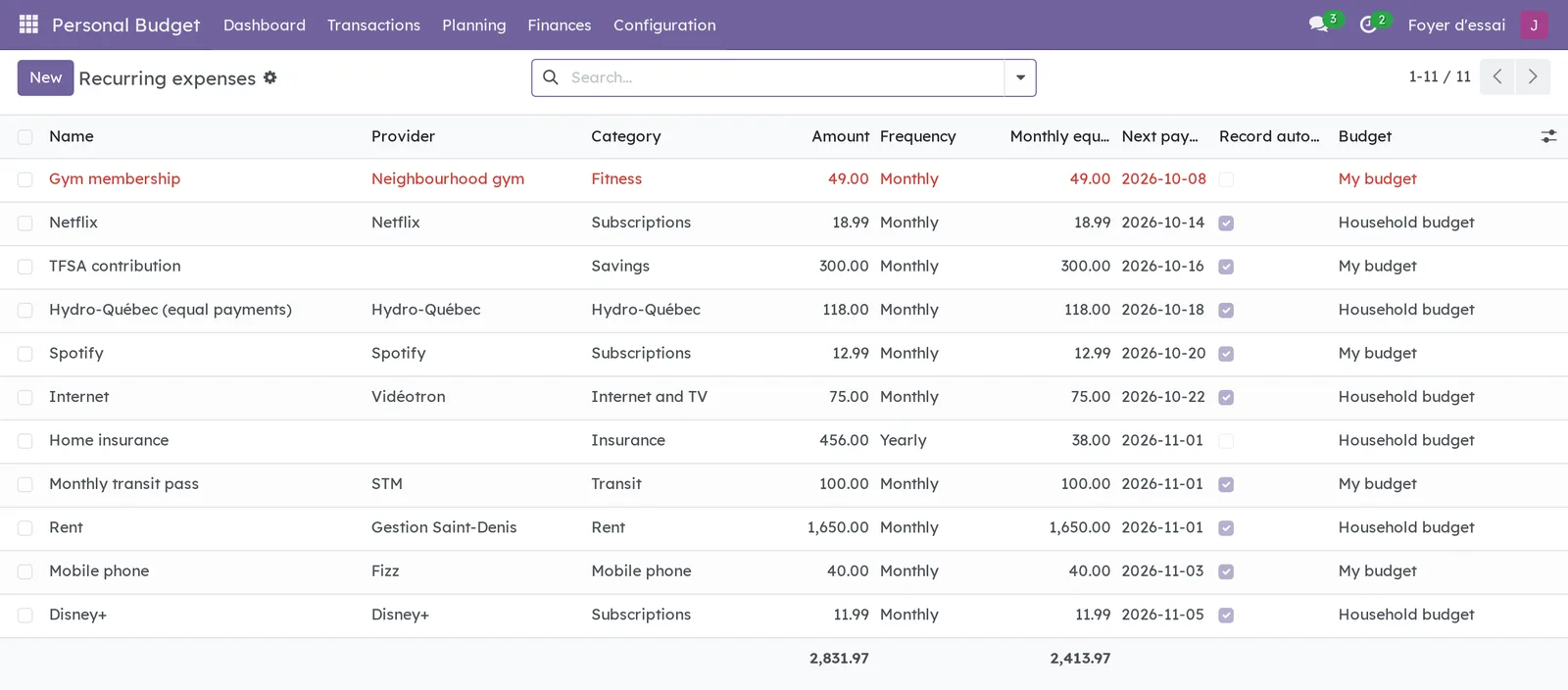 Recurring expenses: subscriptions with provider, category, amount, frequency, monthly equivalent, next payment and the Record automatically box