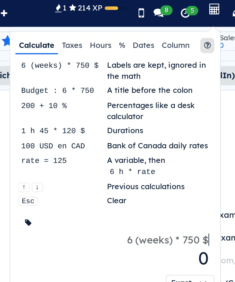 What can I type? help open above the calculation field: labels, title, percentages, durations, currencies, variable, arrow keys and Esc