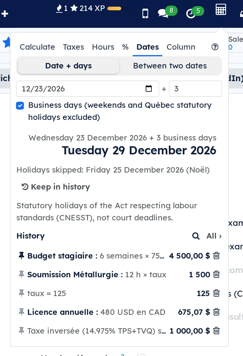 Dates tab: 23 December 2026 plus 3 business days gives Tuesday 29 December 2026, Christmas skipped, with the CNESST notice