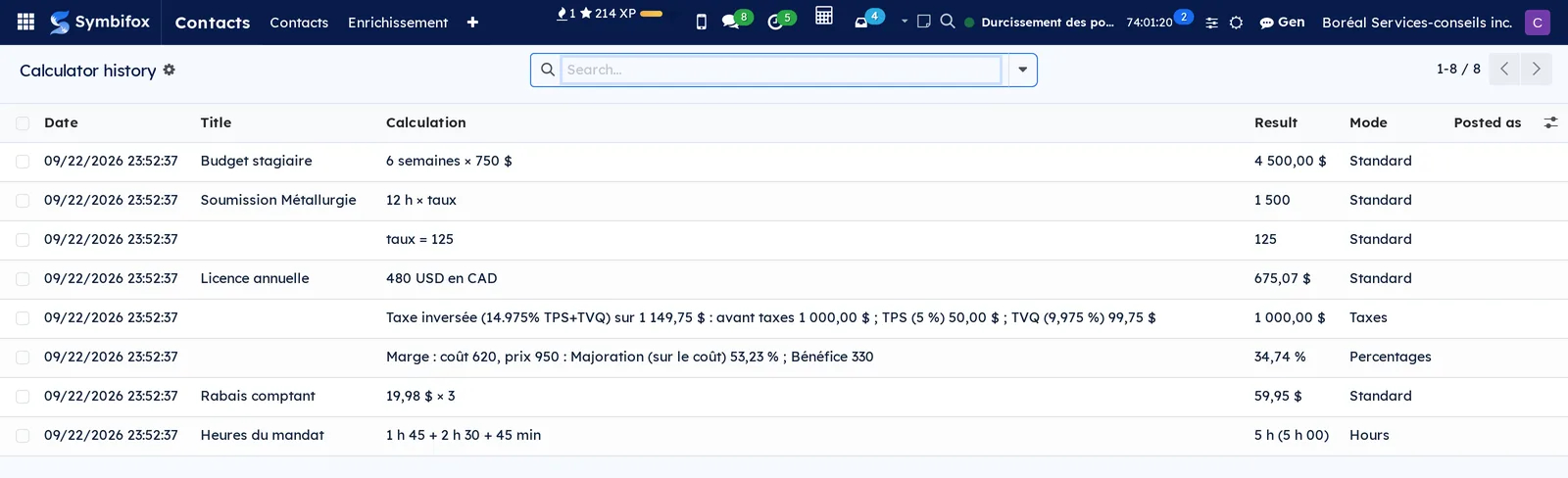 Calculator history screen: eight of Camille's calculations with the Date, Title, Calculation, Result, Mode and Posted as columns