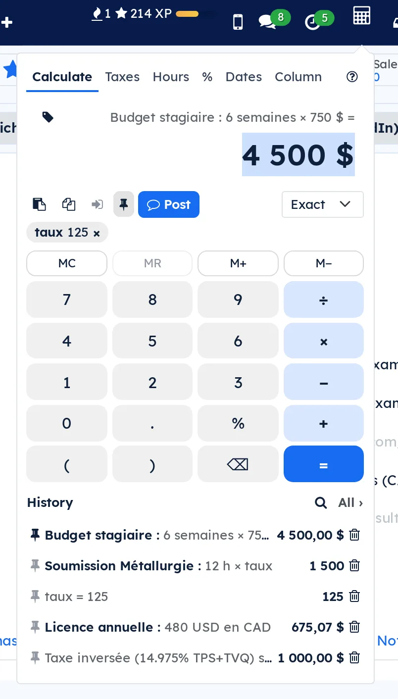 Calculator panel under its top bar icon: Calculate tab, result 4 500 $ in large type, keypad and Camille's history
