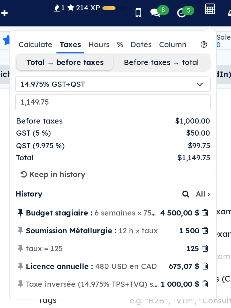 Taxes tab in the Total to before taxes direction: 1,149.75 gives $1,000.00 before taxes, GST $50.00 and QST $99.75