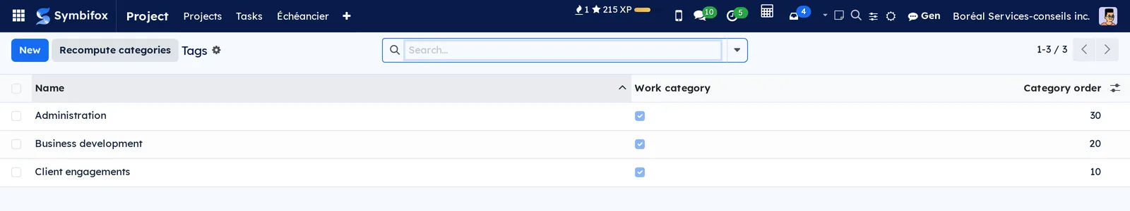 Boréal's tag list, all three checked as work categories with their order, and the Recompute categories button