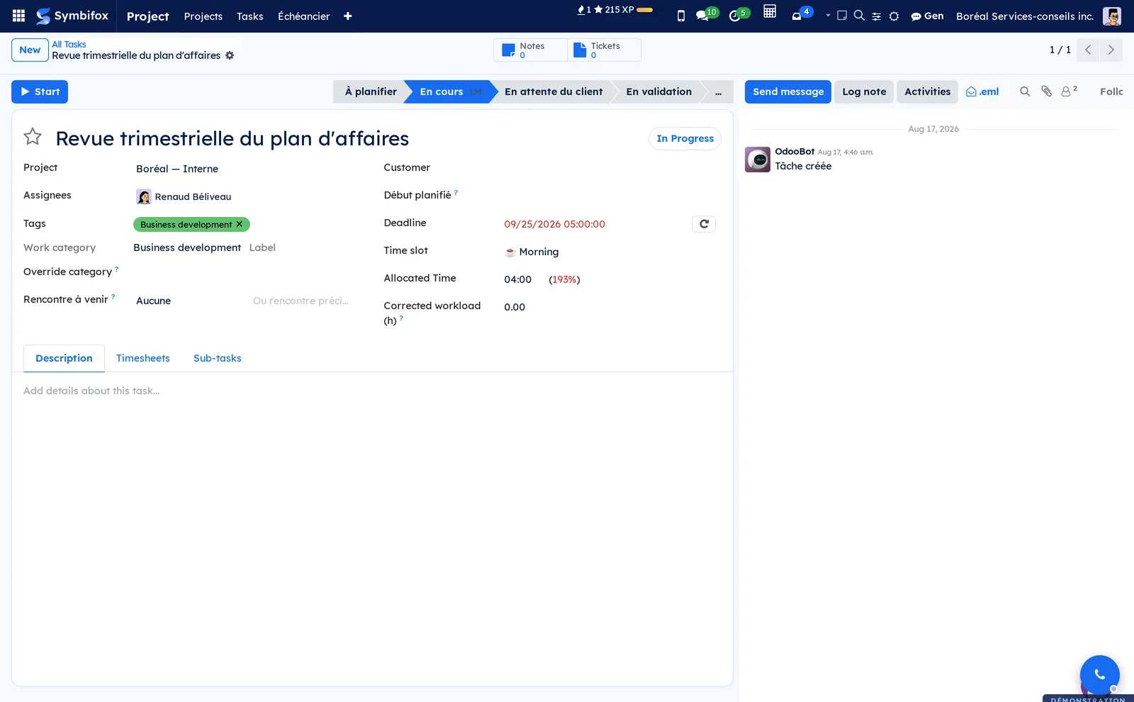 Boréal task form: under Tags, the work category Business development, with origin Label, and the Override category field