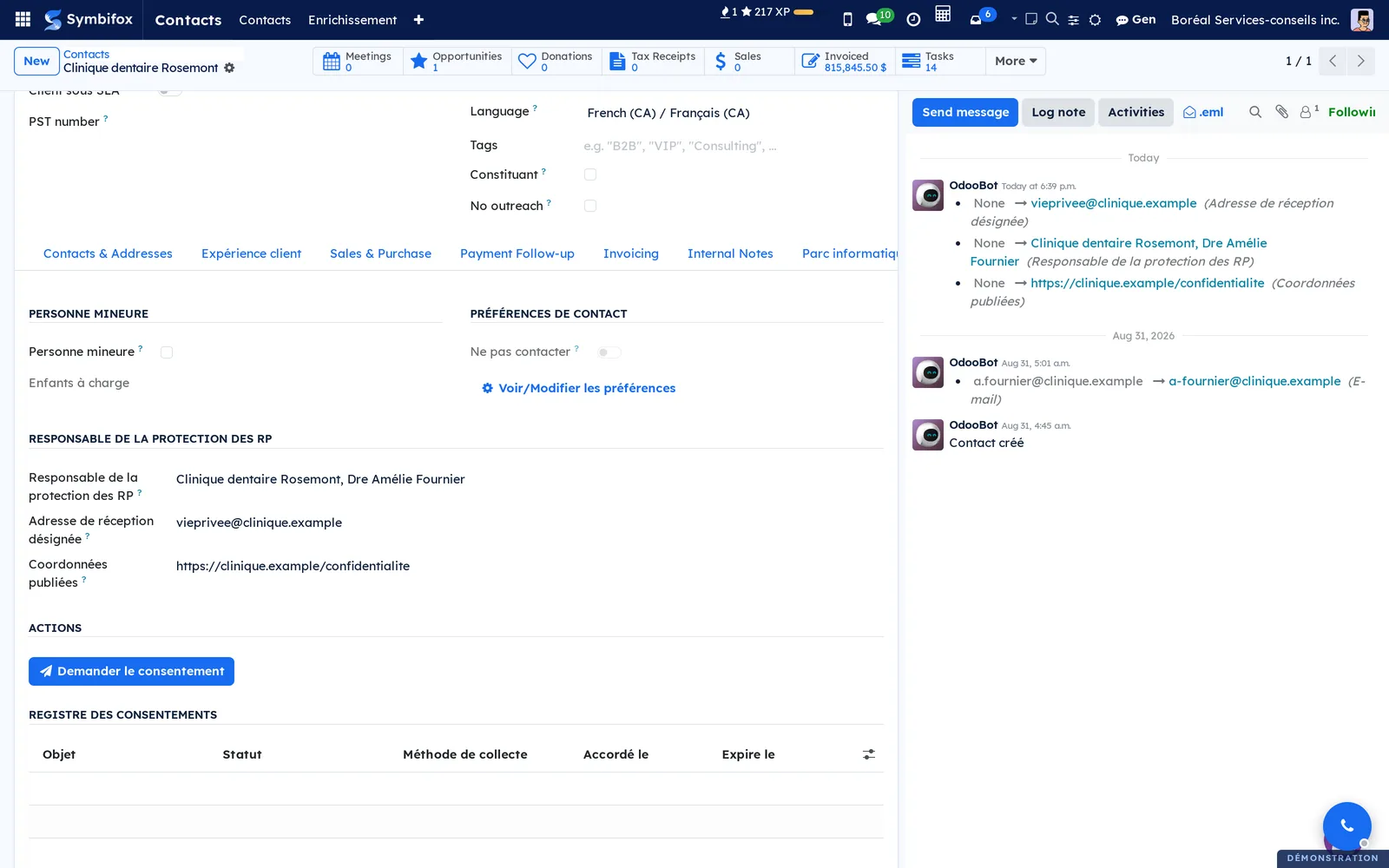 Vie privée (Loi 25) tab of Clinique dentaire Rosemont: Dre Amélie Fournier designated, her receiving address and the published page, changes in the chatter