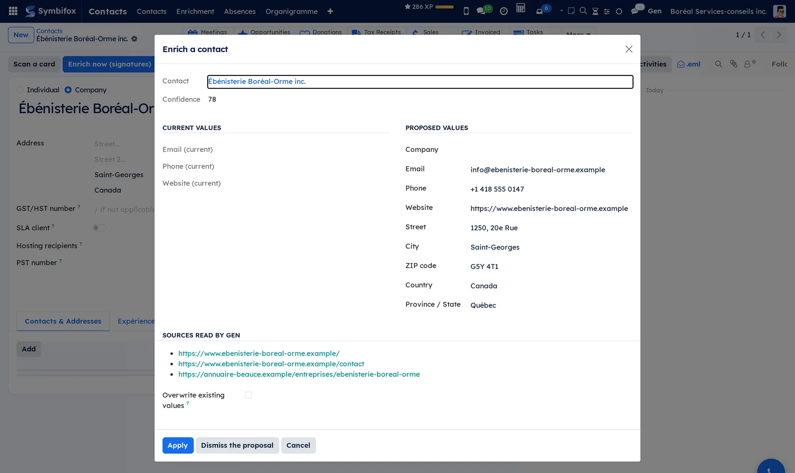 Enrich a contact dialog with Gen's proposal: current and proposed values, sources read as links, and the Apply, Dismiss the proposal and Cancel buttons