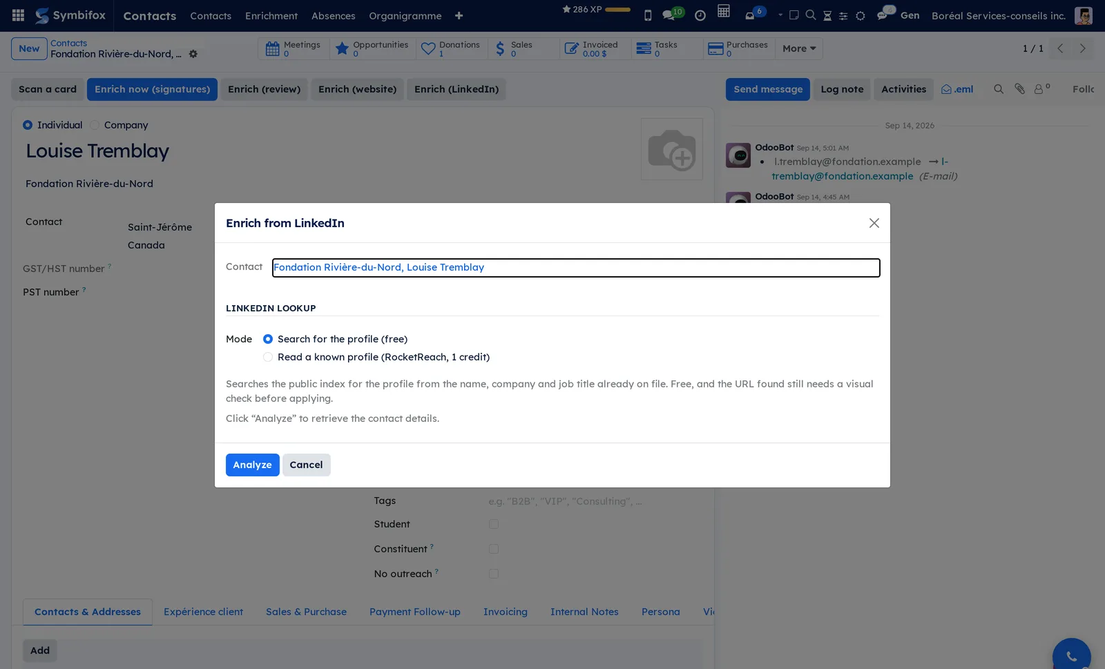 Enrich from LinkedIn dialog: the Mode choice, search for the profile (free) or read a known profile (RocketReach, 1 credit), and the Analyze button