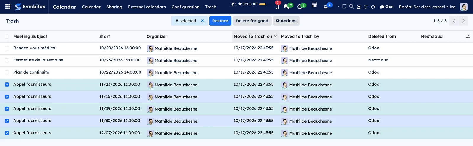 Trash with the five dates of Appel fournisseurs checked: Restore and Delete for good at the top of the list