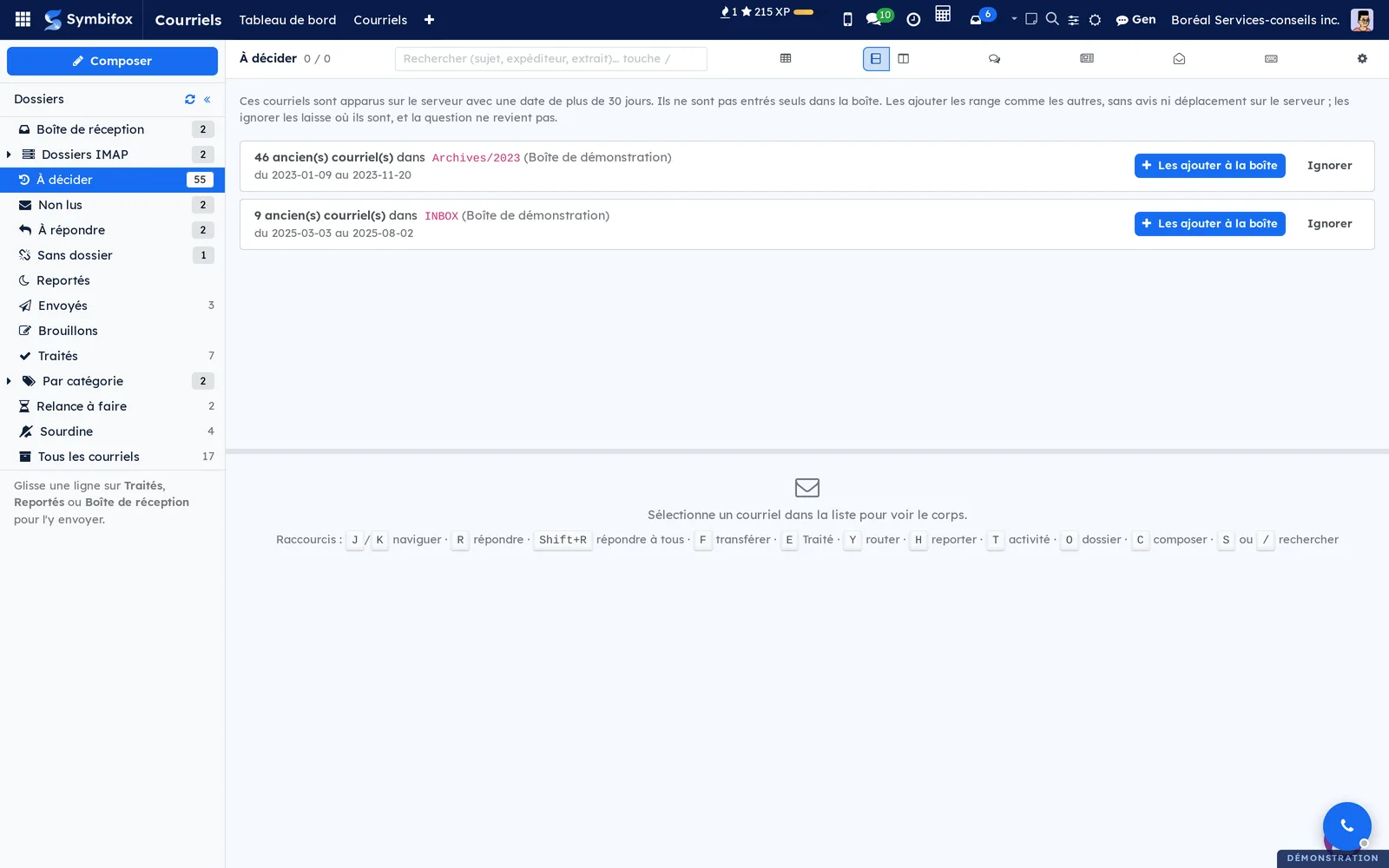 À décider folder: two held batches, 46 old emails in Archives/2023 and 9 in INBOX, each with its period and the Les ajouter à la boîte and Ignorer buttons