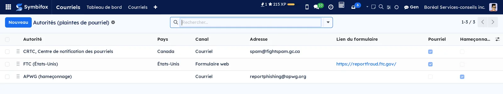 Autorités (plaintes de pourriel) list: the CRTC and the APWG by email, the FTC by web form, with their Pourriel and Hameçonnage boxes