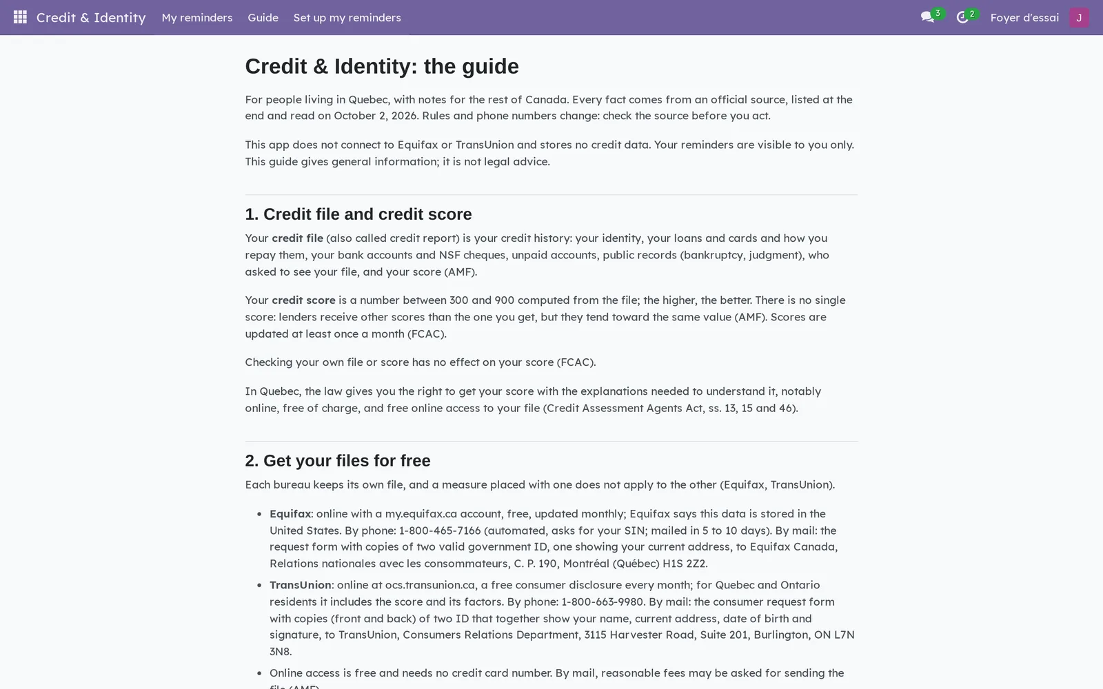 Start of the guide: who it is for, what the application does not do, then the Credit file and credit score and Get your files for free sections