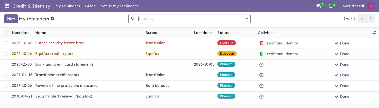 My reminders list: six reminders, one overdue in red, one due soon in amber, the others planned, with bureau, status, activity and the Done button