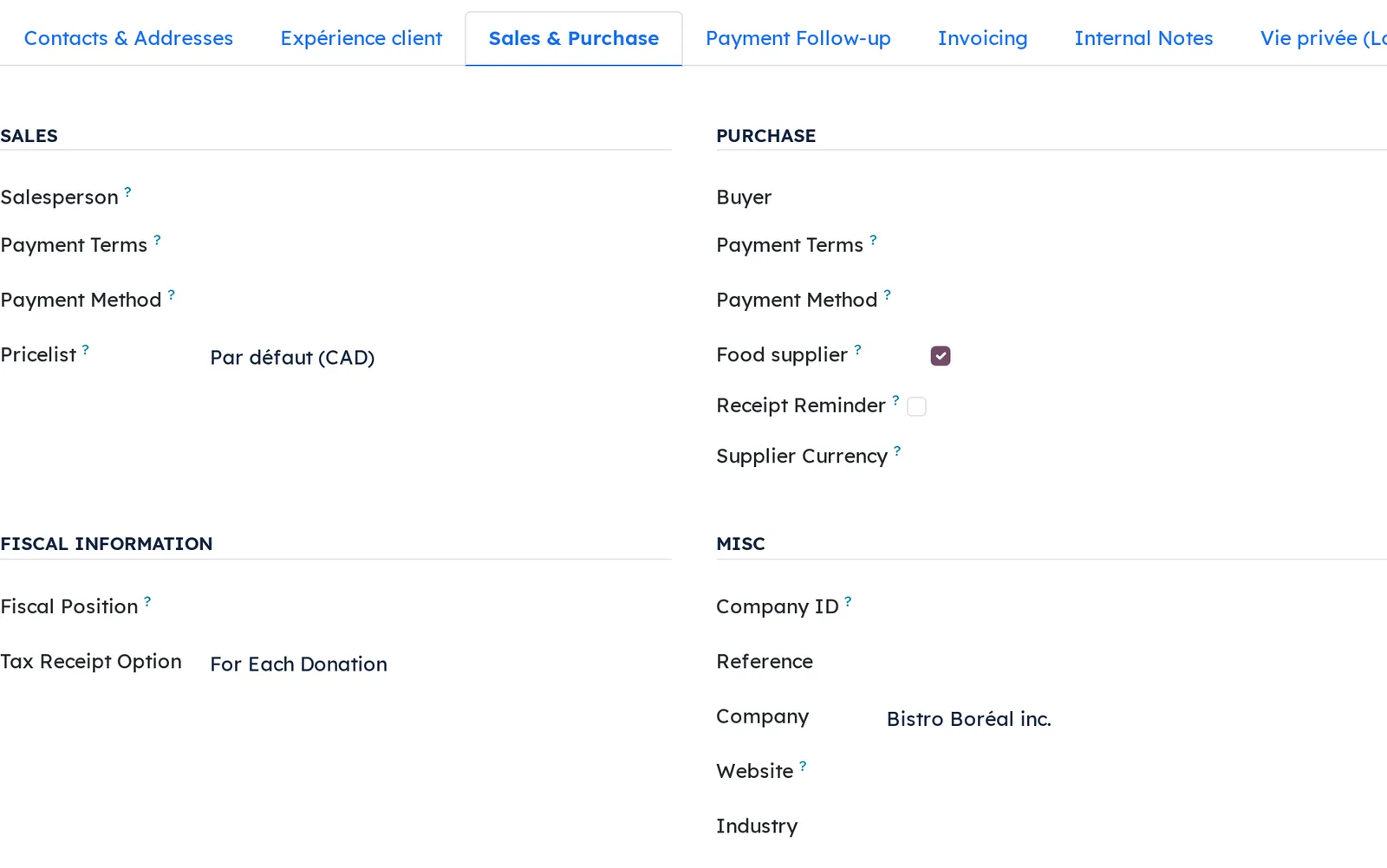 Vendor form, Sales and Purchase tab, with the Food supplier box checked in the Purchase section