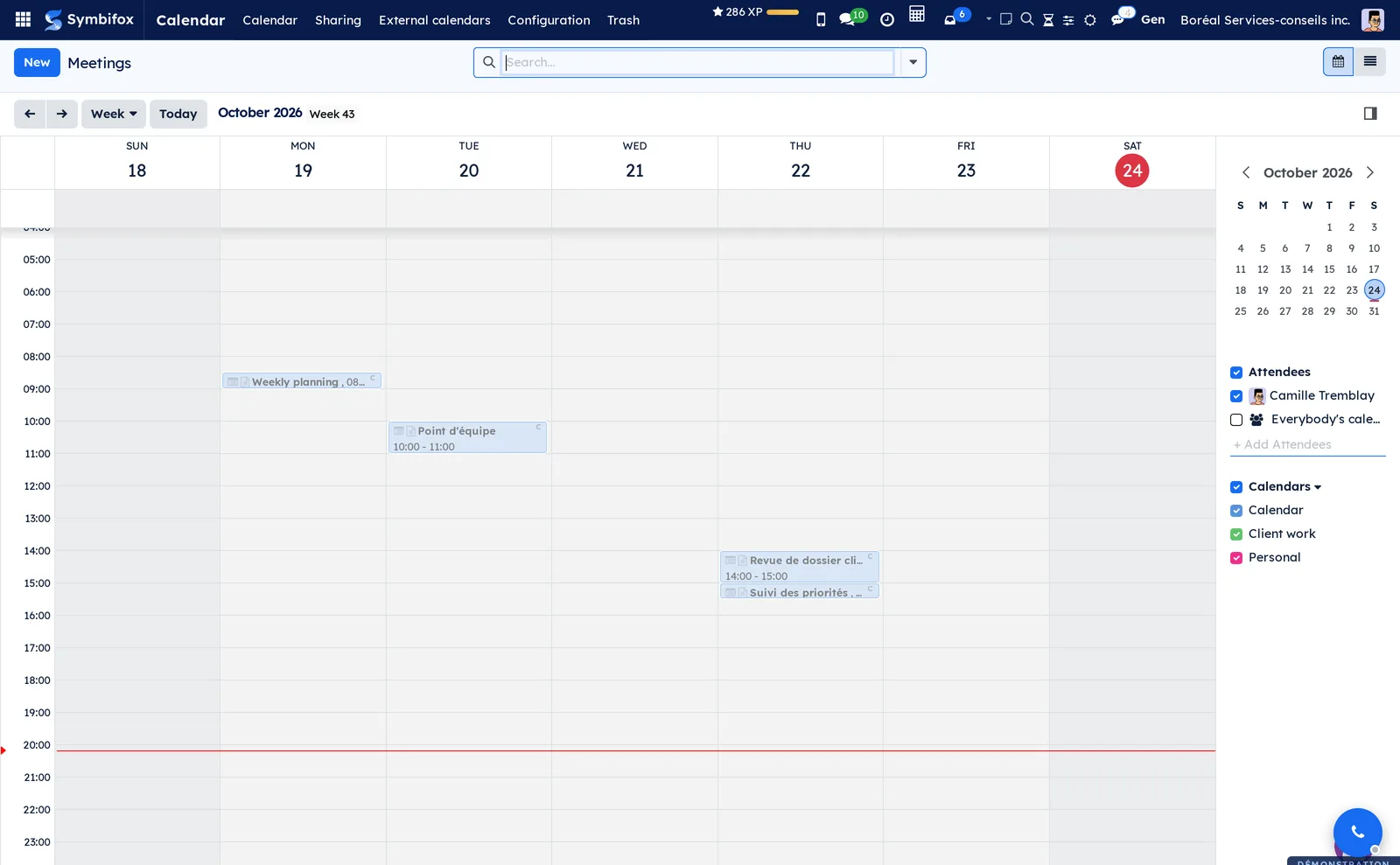 Camille Tremblay's week: blue, green and pink meetings, and on the right a coloured checkbox per calendar, Agenda, Mandats clients and Personnel
